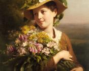 弗里茨 佐伯 比勒 : A Young Beauty holding a Bouquet of Flowers